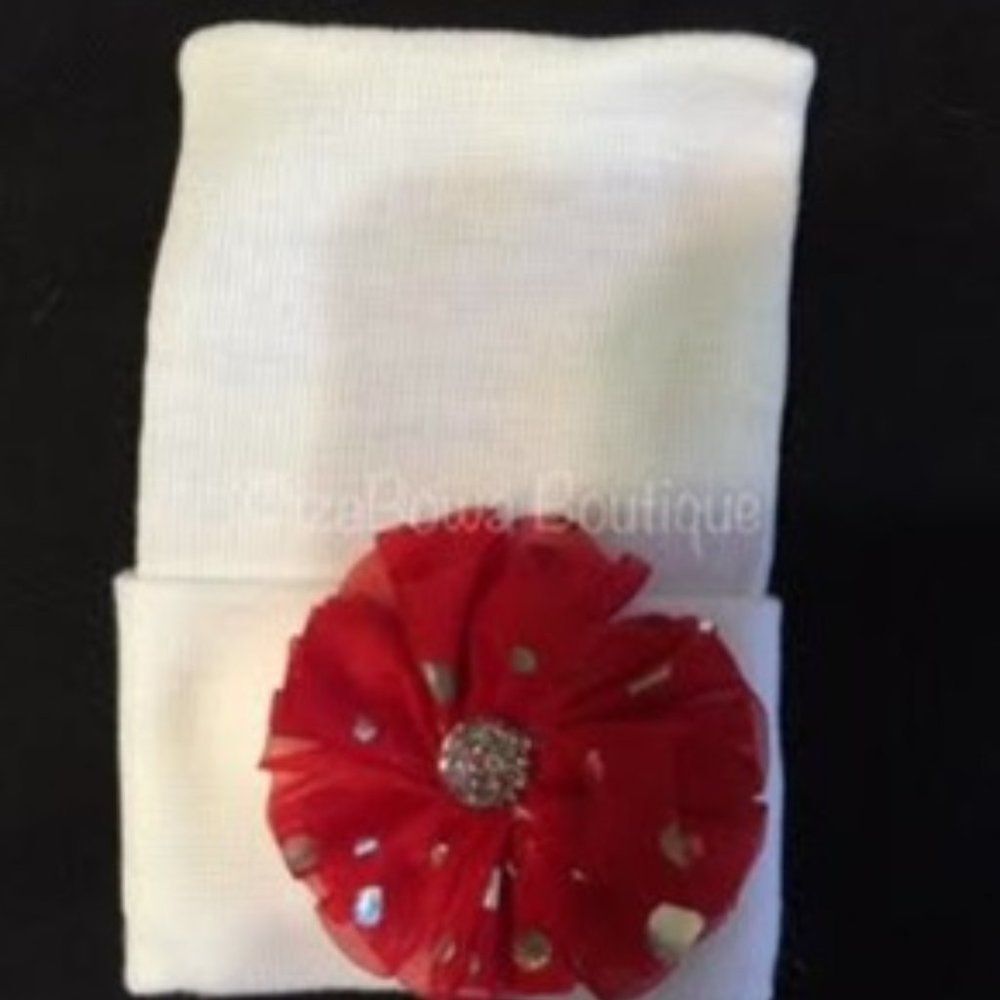 Newborn Hat with Red and Silver Flower NB369 Handmade NWT Boutique